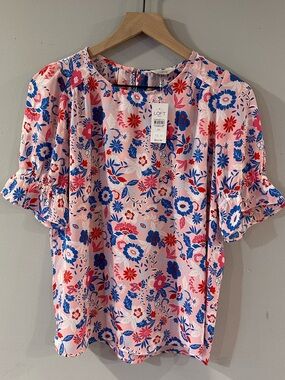 LOFT Pink Floral Puff-Sleeve Top with Blue & Red Flowers
